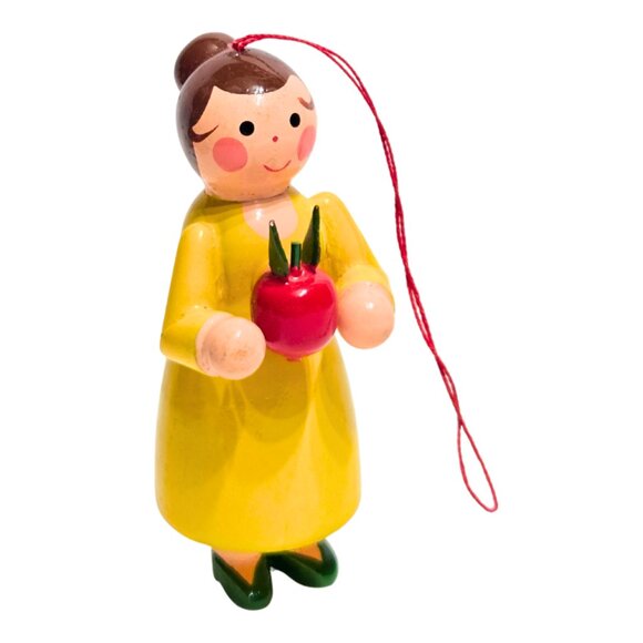 Midwest Wooden Christmas Ornament Teacher Holding Apple 3” Tall Yellow Dress - Picture 1 of 3